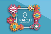 8 March. Colorful Happy Women s Day. Trendy Mother s Day. Paper cut Floral Greeting card. Origami flower. Text. Square ribbon frame. Spring blossom. Seasonal holiday on sky blue. Modern decoration.