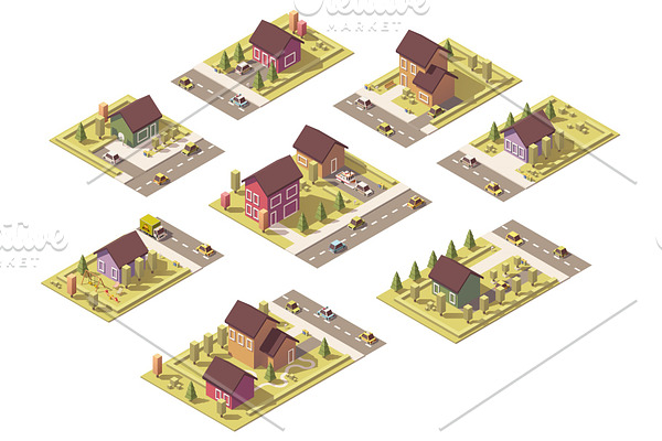 Vector isometric low poly suburban buildings