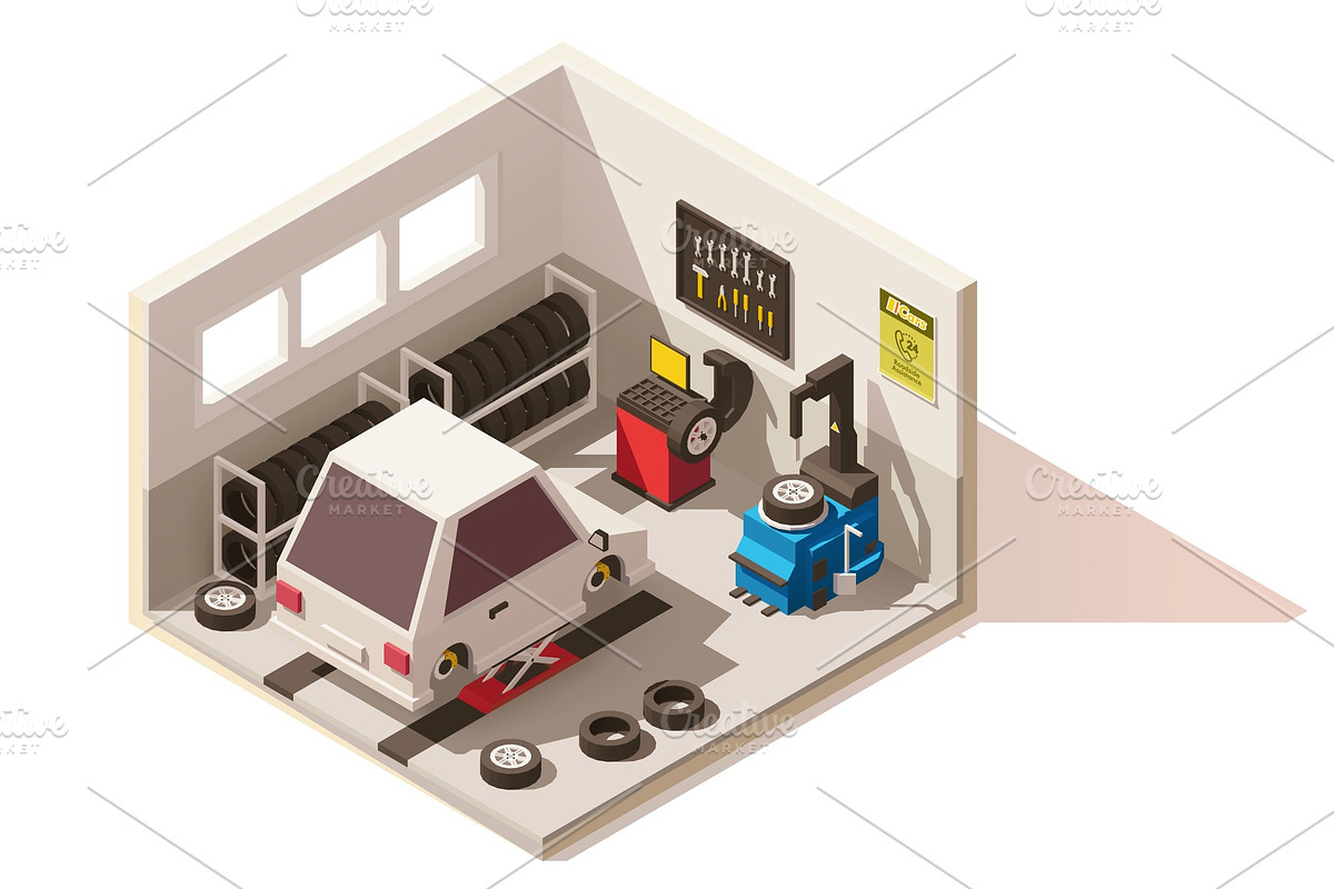 Vector isometric low poly car tire service icon in Illustrations - product preview 8