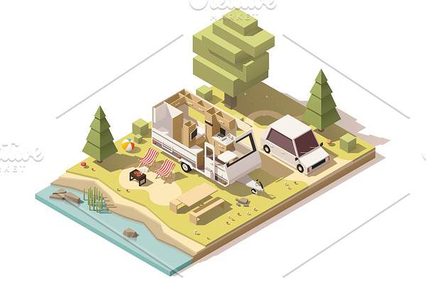 Vector isometric low poly camper in campsite