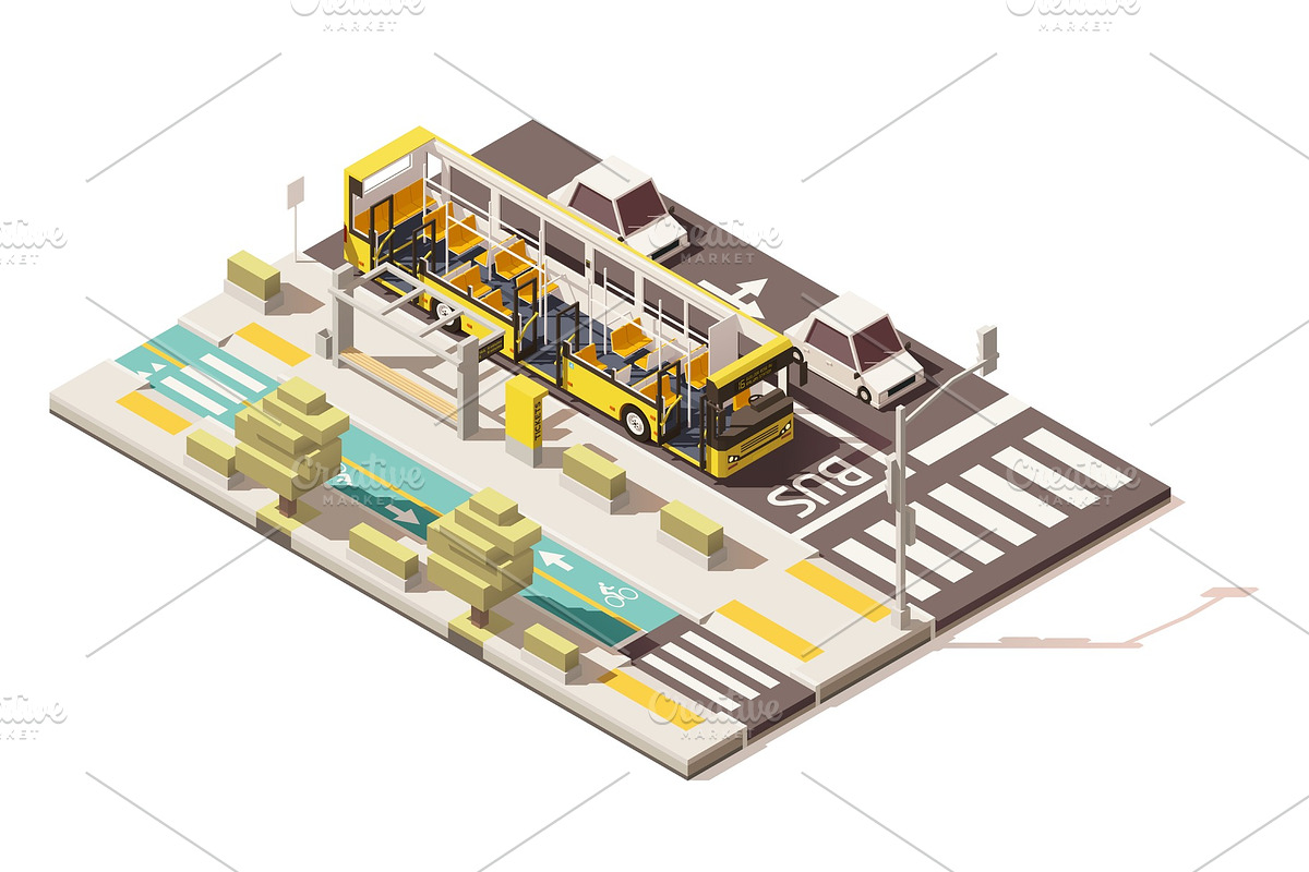 Vector isometric low poly bus on the bus lane in Illustrations - product preview 8