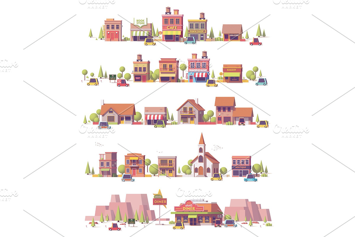 Vector low poly 2d small town scenes in Illustrations - product preview 8