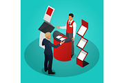 Isometric promotional stands or exhibition stands including display desks shelves and people with products and handout