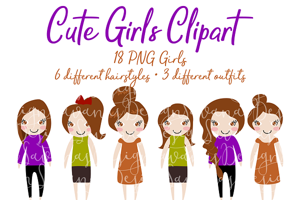 Brunette Hair Girls Clipart in PNG