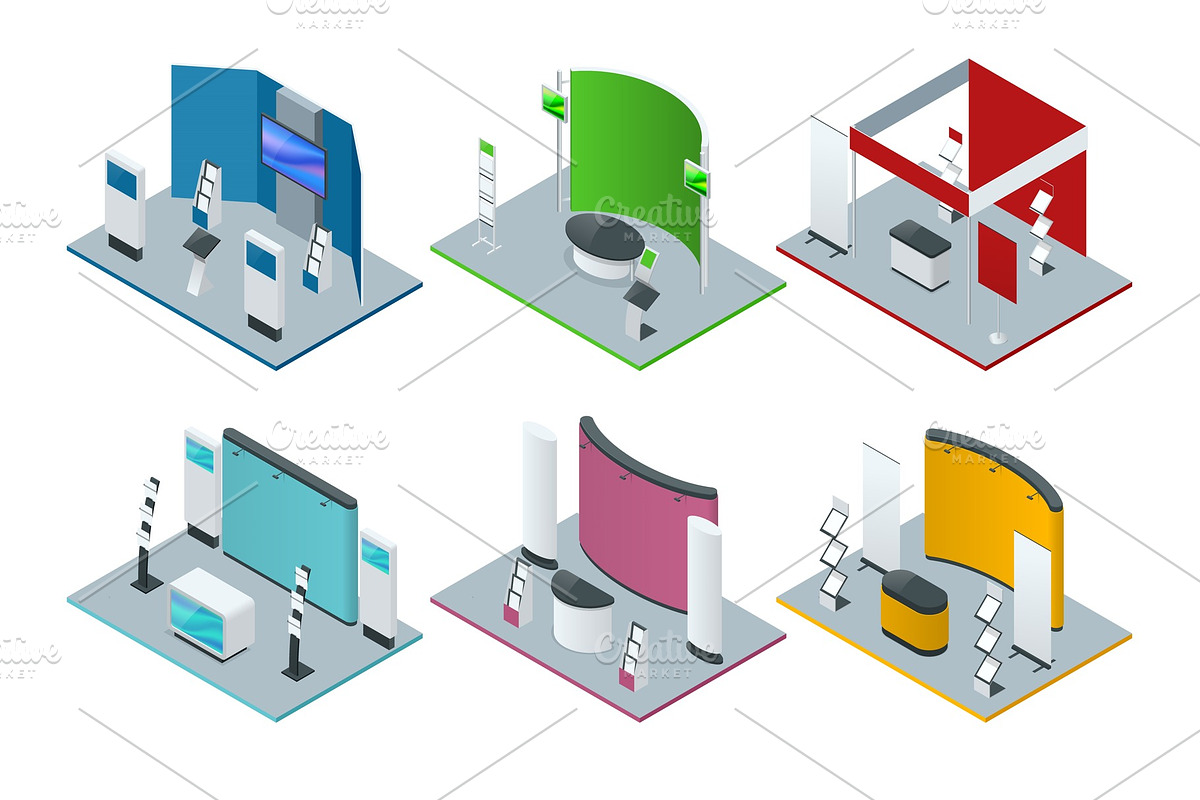 Isometric set of promotional stands or exhibition stands including display desks shelves and handout in Objects - product preview 8