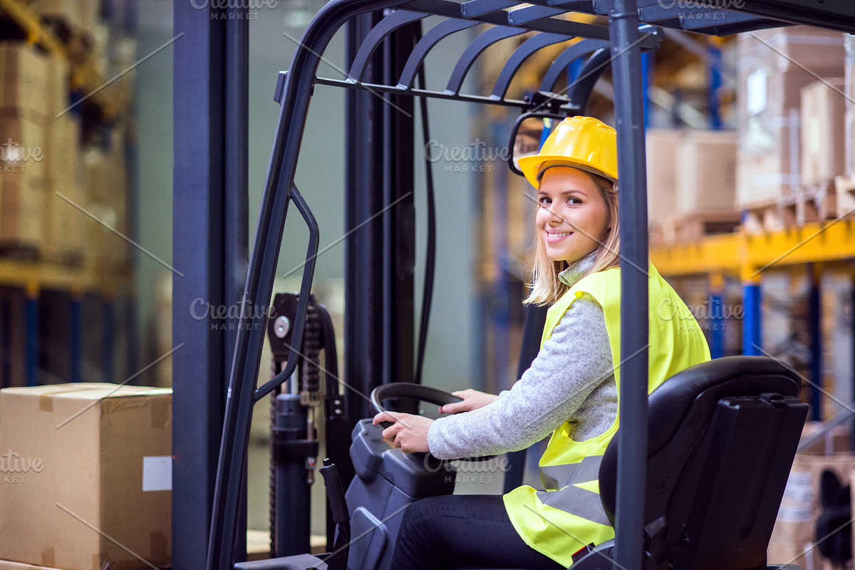 Woman warehouse worker with forklift. in Graphics - product preview 8