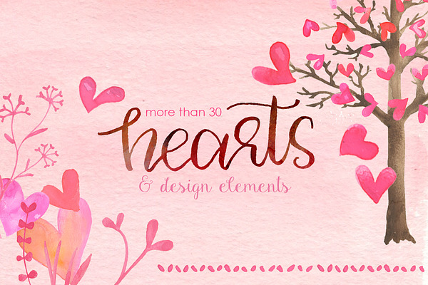 WaterColor Hearts & Design Elements