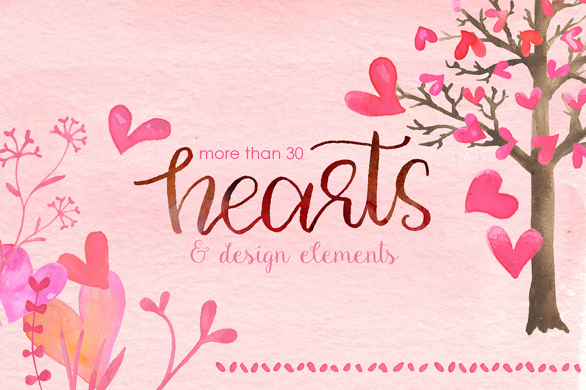 WaterColor Hearts & Design Elements in Illustrations - product preview 8