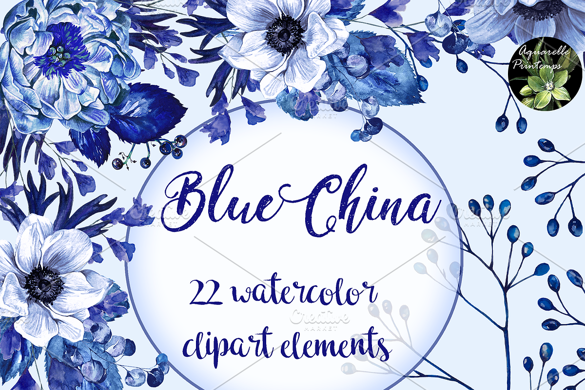 Blue China set 22 watercolor clipart in Illustrations - product preview 8