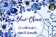 Blue China set 22 watercolor clipart