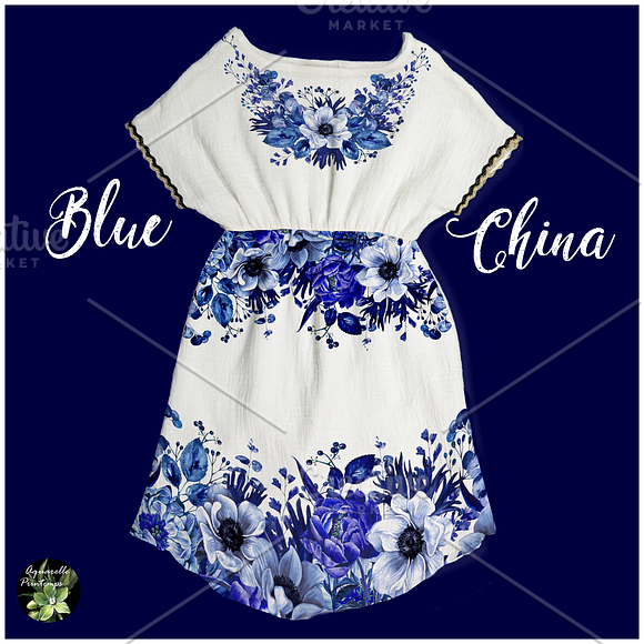 Blue China set 22 watercolor clipart in Illustrations - product preview 2