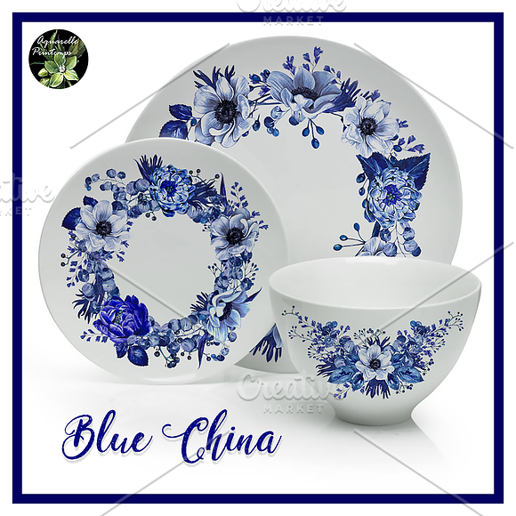 Blue China set 22 watercolor clipart in Illustrations - product preview 3