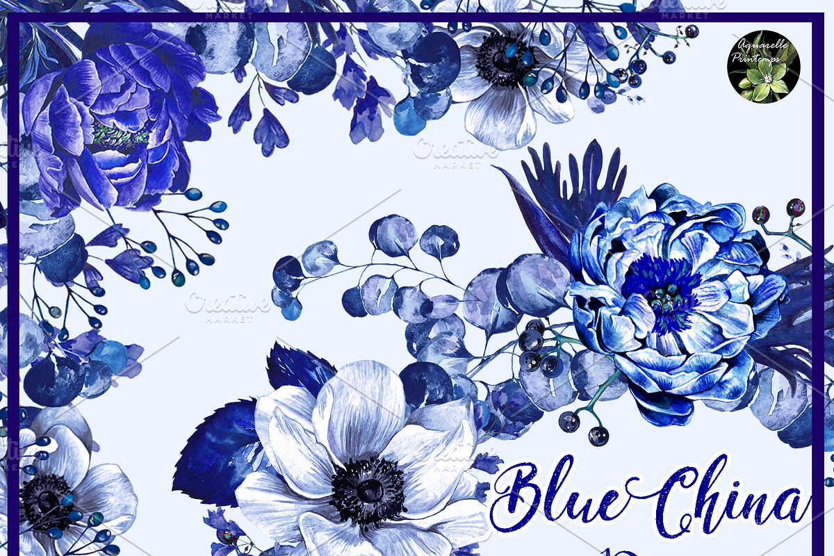 Blue China set 10 watercolor clipart in Illustrations - product preview 8