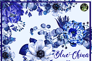 Blue China set 10 watercolor clipart