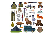 Hunt vector hunting ammunition or hunters equipment rifle shooting and backpack in camping with animals duck bear, boar and huntingdog set illustration isolated on white background