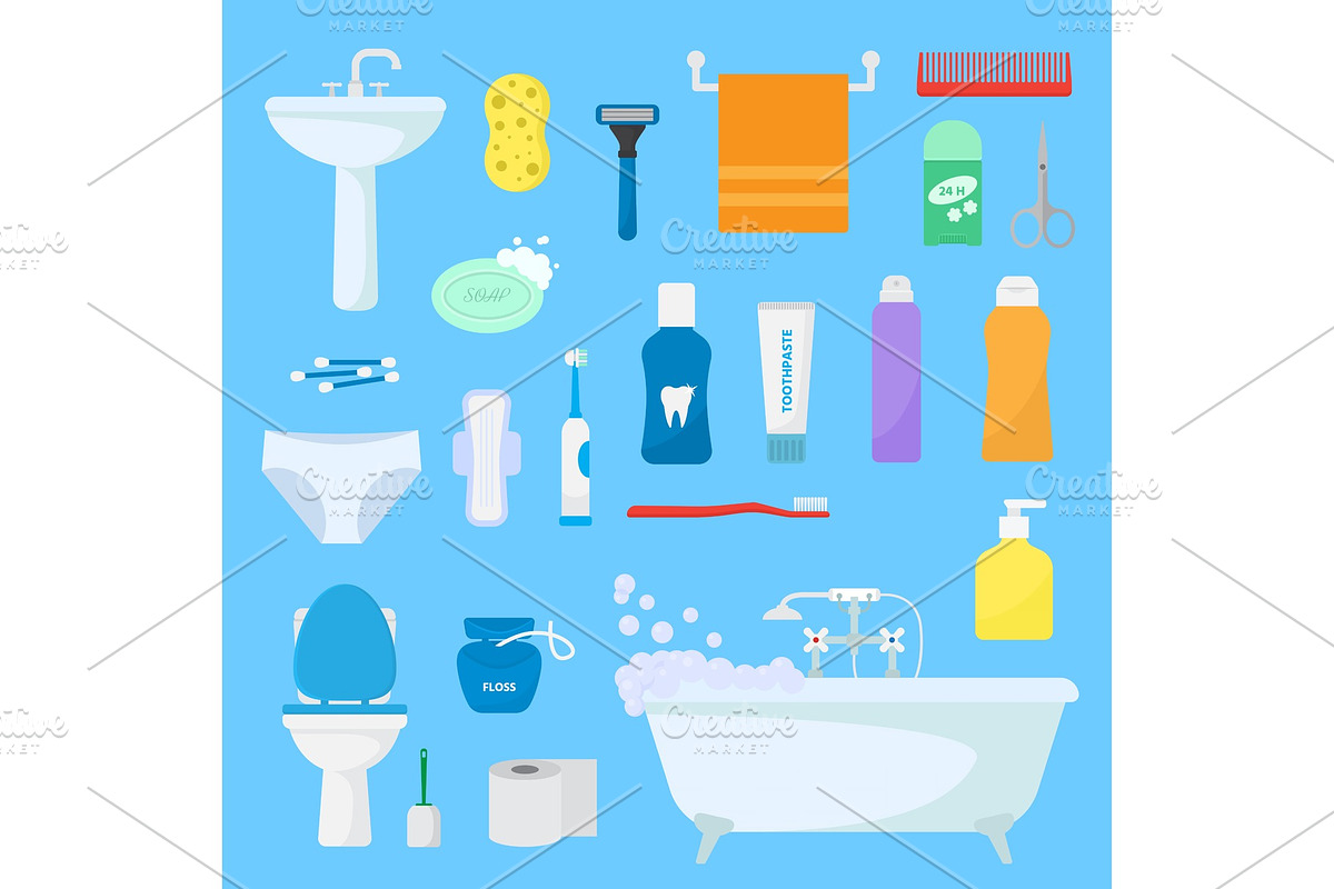 Hygiene personal care vector toiletries set of hygienic bath products and bathroom accessories soap shampoo or shower gel for bodycare icons illustration isolated on background in Illustrations - product preview 8