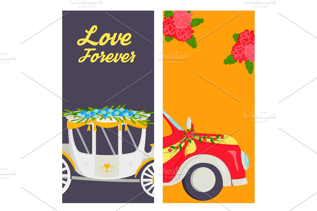 Wedding fashion transportation traditional cards auto expensive retro ceremony bride transport and romantic marriage vector illustration. in Illustrations - product preview 8