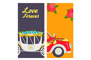 Wedding fashion transportation traditional cards auto expensive retro ceremony bride transport and romantic marriage vector illustration.