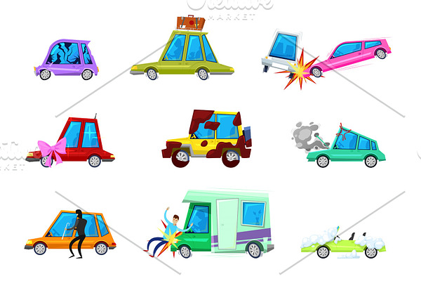 Cartoon car vector comic minicar and broken vehicle after auto accident or automobile crash and transport collision of minivan with pedestrian character set illustration isolated on white background
