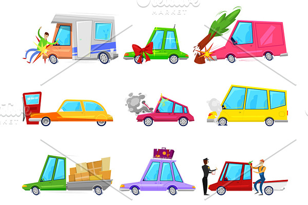 Cartoon car accident vector comic minicar and broken vehicle after automobile accident with pedestrian character and minivan or auto with trailers set illustration isolated on white background