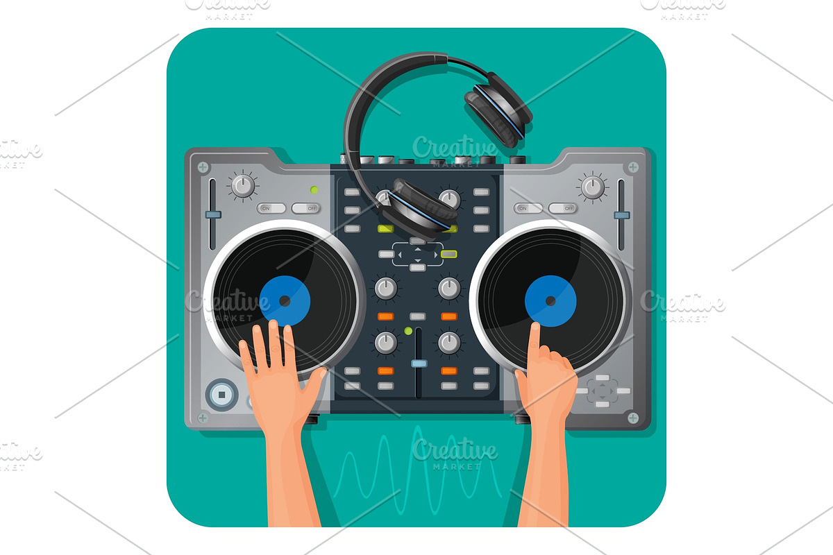 DJ turntable, modern headphones and human hands that play music in Illustrations - product preview 8