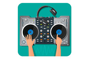 DJ turntable, modern headphones and human hands that play music