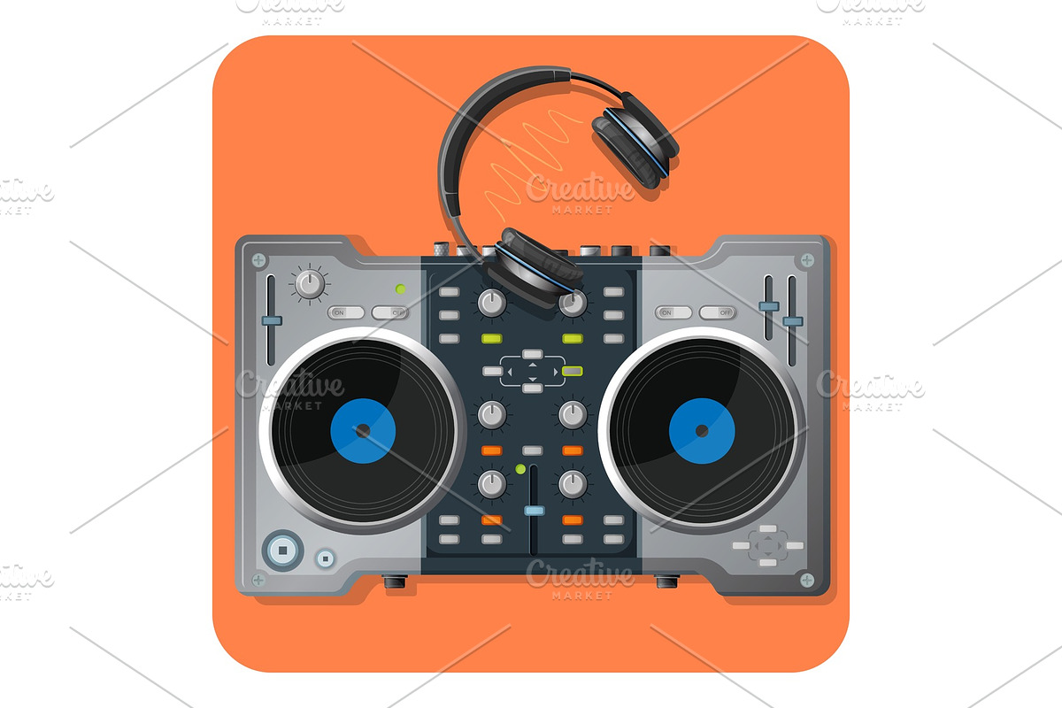 Multifunctional DJ turntable and powerful modern wireless headphones in Illustrations - product preview 8
