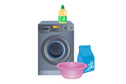 Doing laundry poster with washing machine, cleaning powder in package