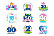 Anniversary birthdays festive signs set, ubilee elements collection vector Illustrations