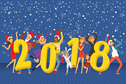 Happy New Year 2018, party people celebrating colorful vector Illustration