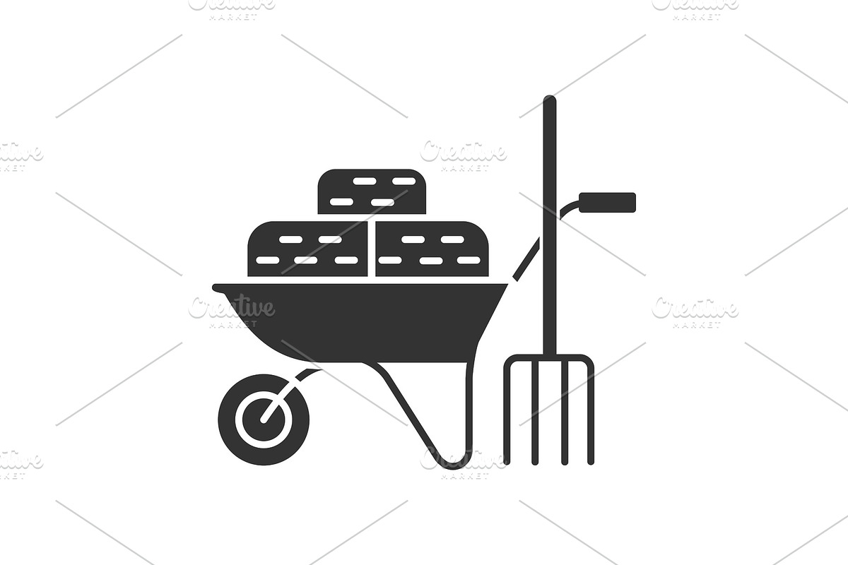 Wheelbarrow with bales of hay and pitchfork glyph icon in Graphics - product preview 8