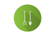 Pitchfork and shovel flat design long shadow glyph icon