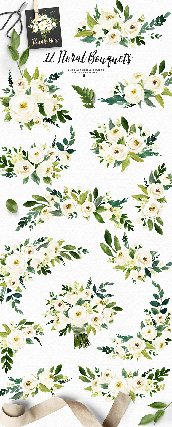 Watercolor White Flower Clip Art in Illustrations - product preview 3