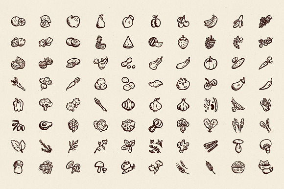 80 Hand-Drawn Fruits and Vegetables in Hand Drawn Icons - product preview 1
