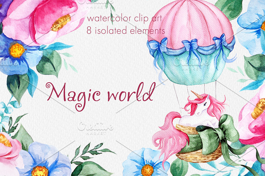 Magic world. Watercolor unicorn set in Illustrations - product preview 8