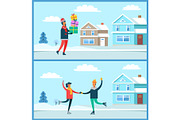 Man and Presents Winter Set Vector Illustration