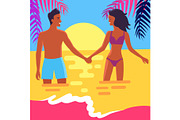 Poster of Happy Couple Standing in Sea at Sunset