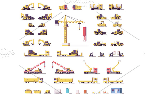 Vector low poly construction machinery
