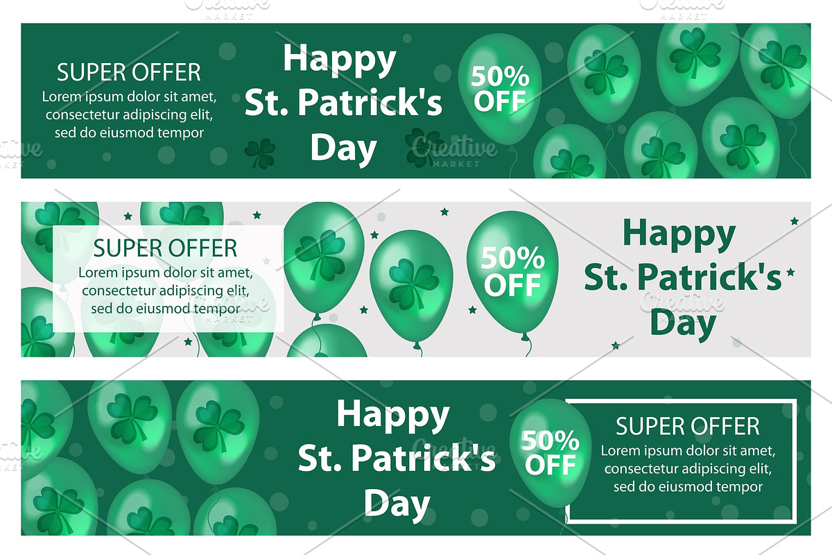 Happy St. Patrick's Day set of horizontal banners with balloons, clover, shamrock. Template for your design, flyer special offer, discounts, sale. Vector illustration in Objects - product preview 8