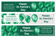 Happy St. Patrick's Day set of horizontal banners with balloons, clover, shamrock. Template for your design, flyer special offer, discounts, sale. Vector illustration