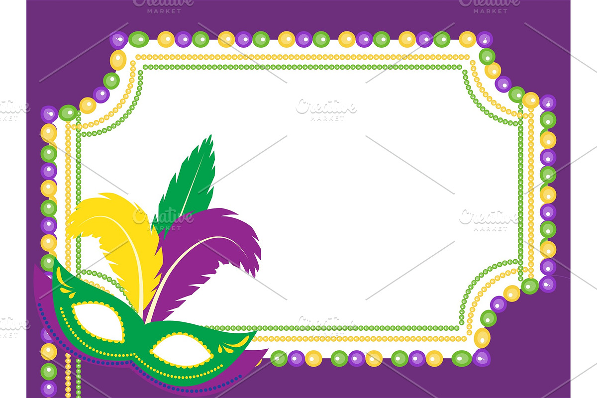 Mardi Gras beads colored frame with a mask, isolated on white background. Template poster. Vector illustration. in Objects - product preview 8