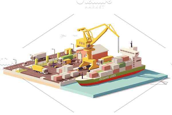 Vector low poly port container terminal and ship