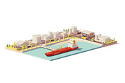Vector low poly oil depot and oil tanker ship