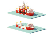 Vector low poly heavy lift ship and oil rig