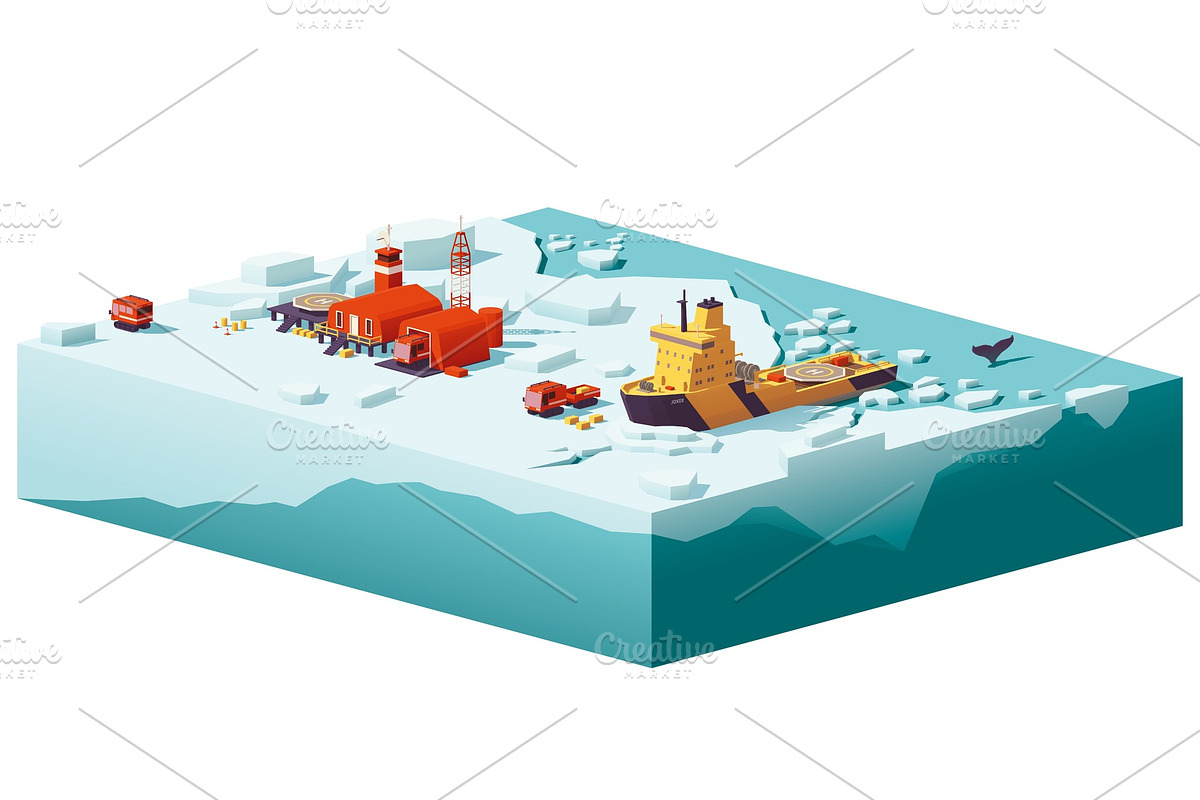 Vector low poly polar station and icebreaker in Illustrations - product preview 8