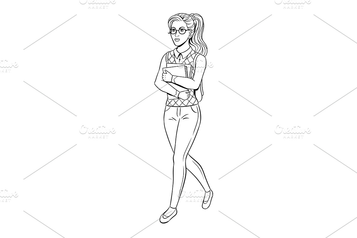 Nerd student girl coloring book vector in Illustrations - product preview 8
