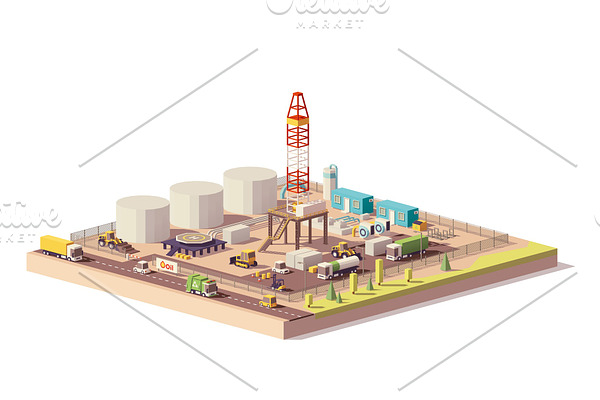 Vector low poly land oil and gas drilling rig