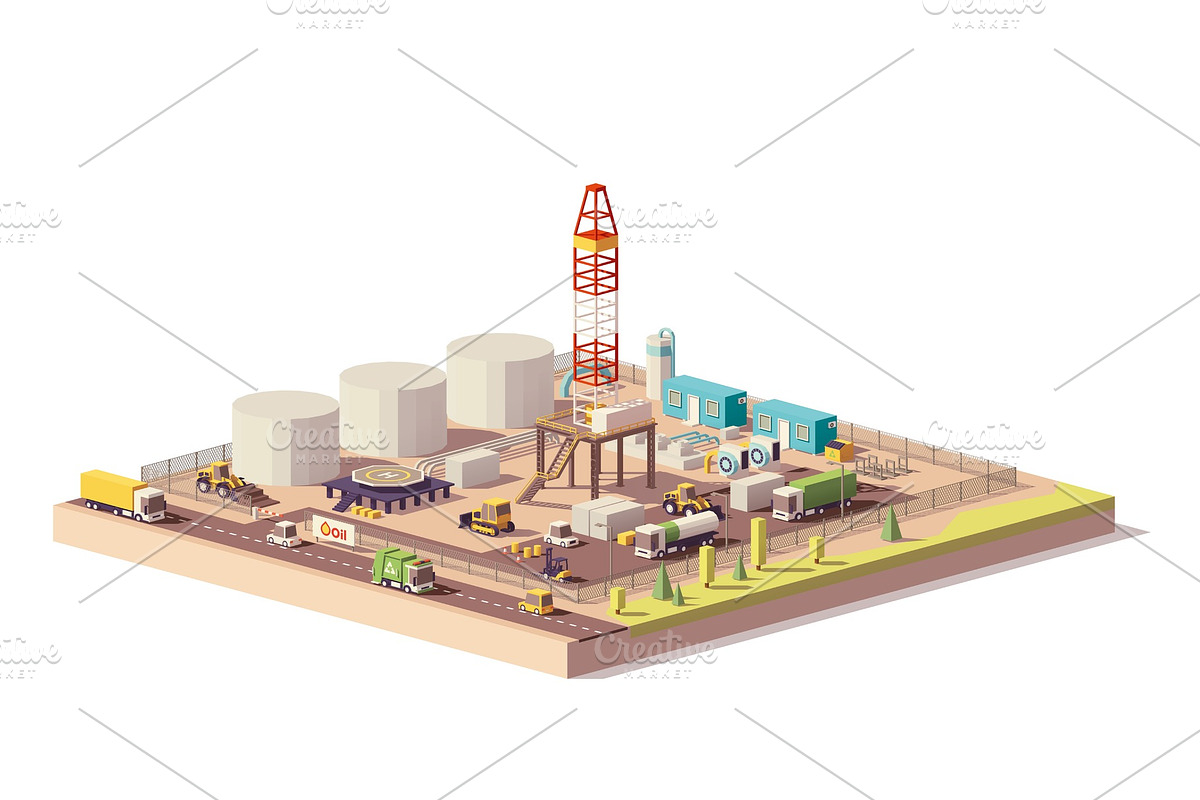 Vector low poly land oil and gas drilling rig in Illustrations - product preview 8