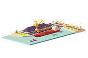 Vector low poly coal terminal and bulk carrier