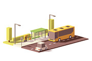 Vector low poly bus and the bus stop